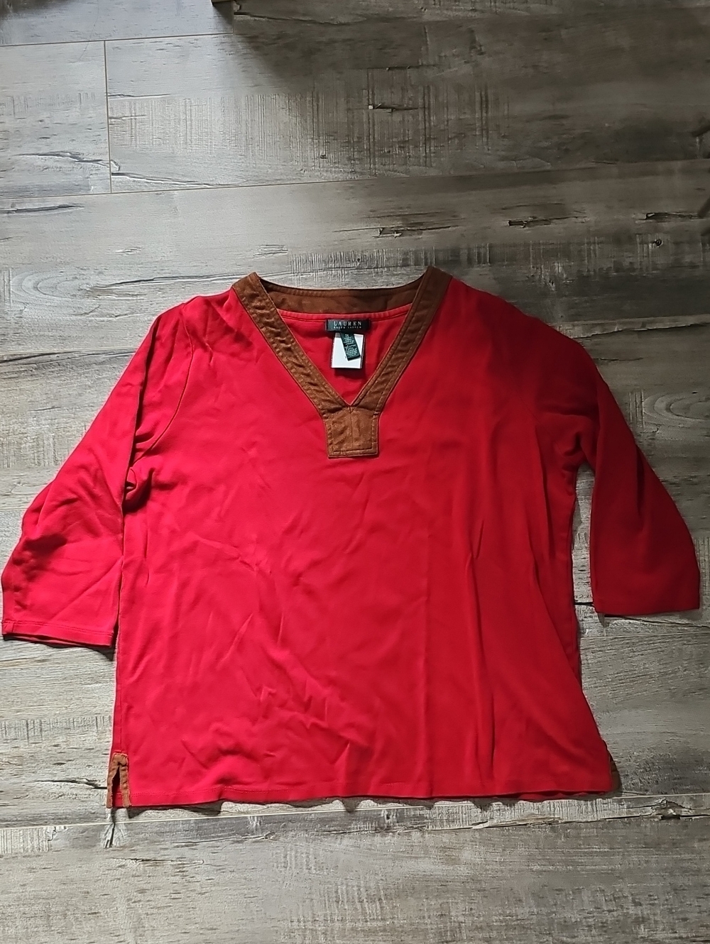 Lauren Ralph Lauren Vintage Deep Red V-Neck Red 3/4 Sleeve Size 2X 100% Cotton